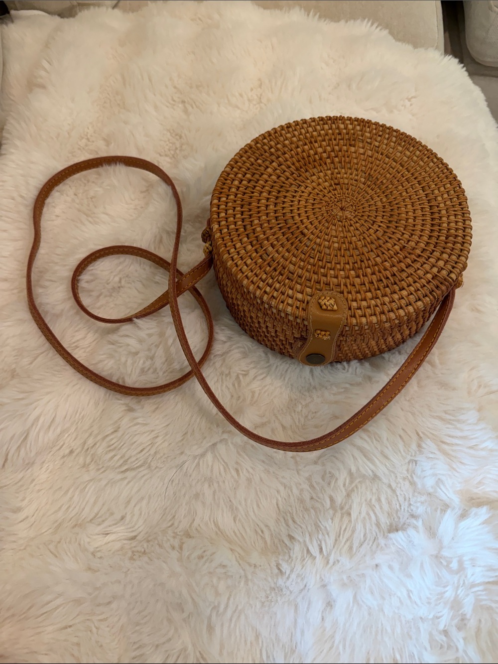 Handwoven rattan round crossbody bag in like new condition!